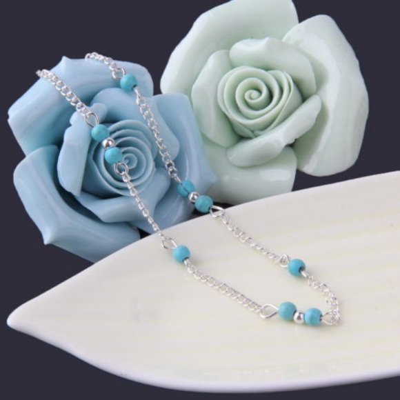 Turquoise bead silver chain anklet - Picture 2 of 3